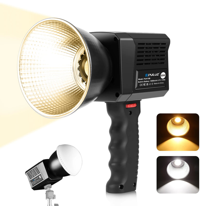 PULUZ-COB LED Handheld Luz de Preenchimento, Estúdio de Fotografia Luz, Temperatura Dual Color, 60W, 2500K-6500K, 13000Lux, 10000mAh