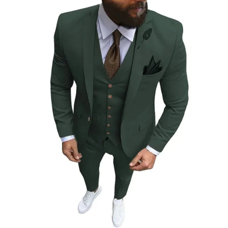 Ternos masculinos de 3 peças, slim fit, formal, casual, negócios, lapela champanhe, smoking formal para padrinhos de casamento (blazer + calça + colete)