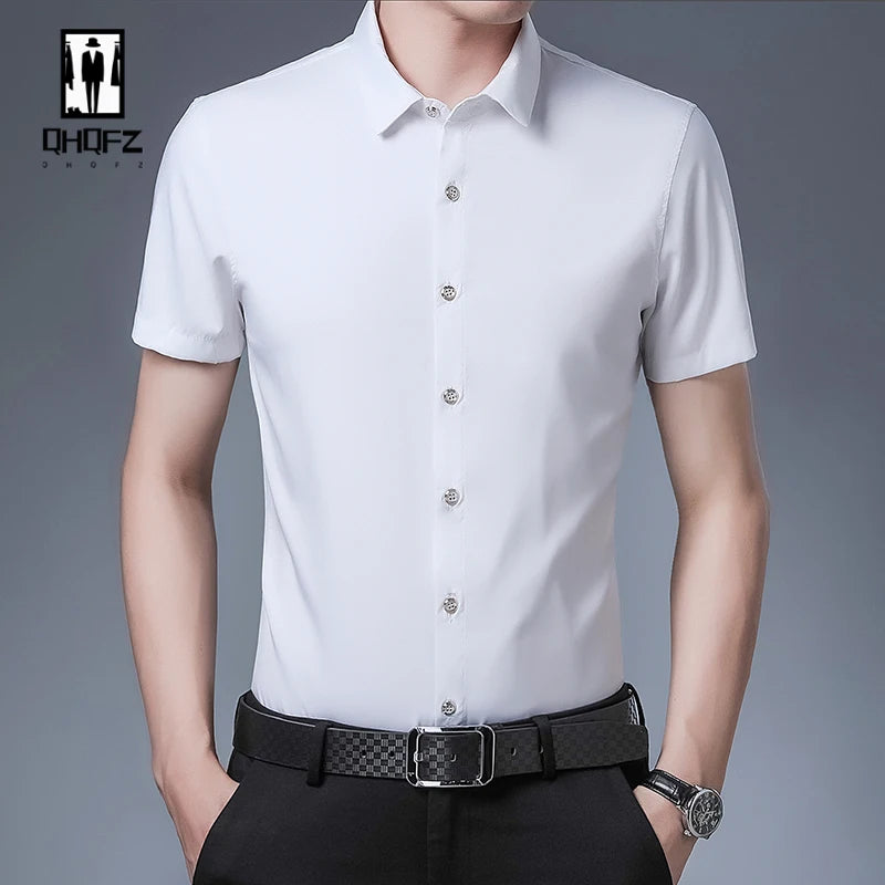 Camisa masculina casual de manga curta de negócios em 8 cores resistente a rugas top elegante